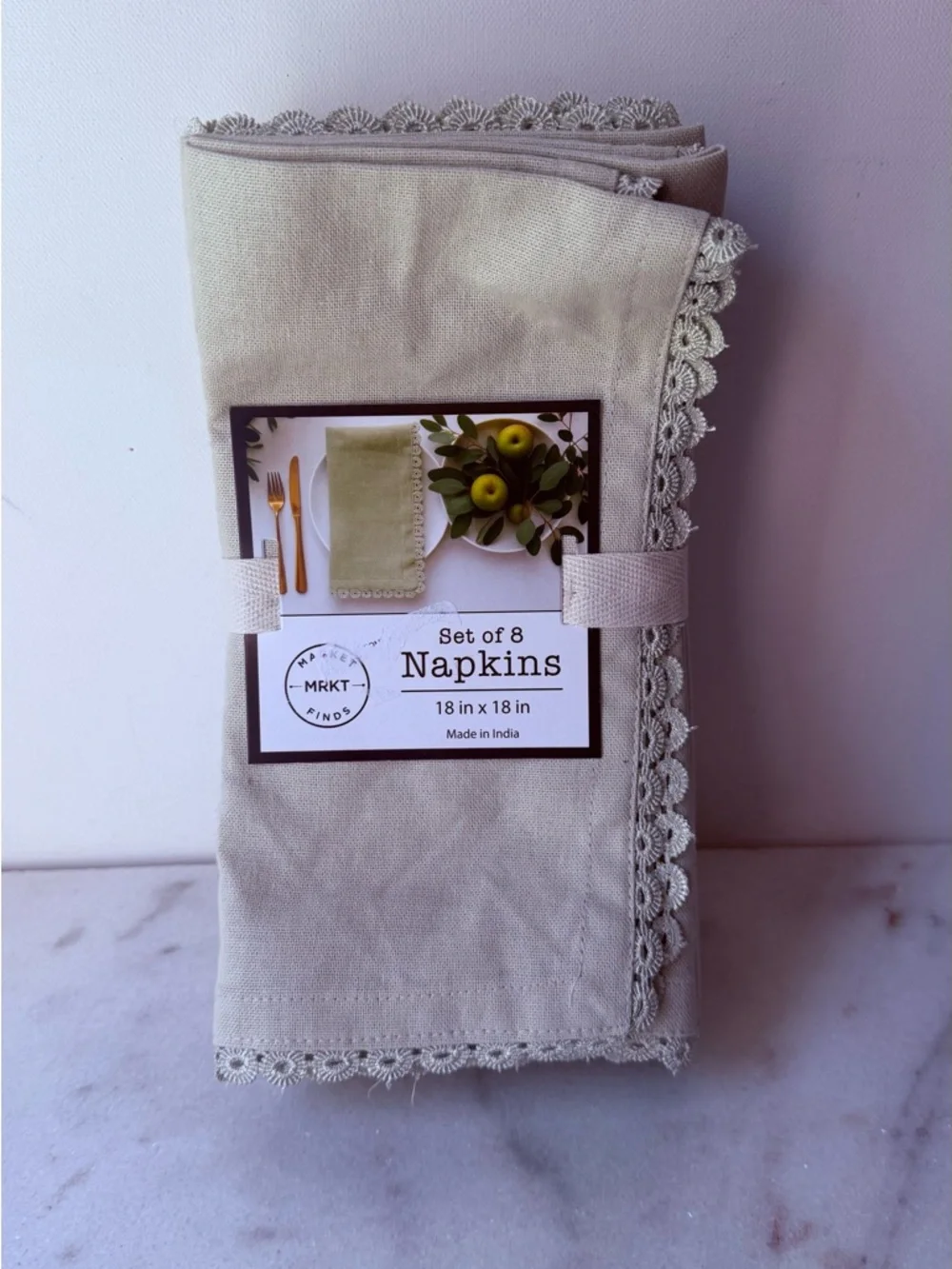 Set of 8 sage Cotton Napkins with Lace Trim